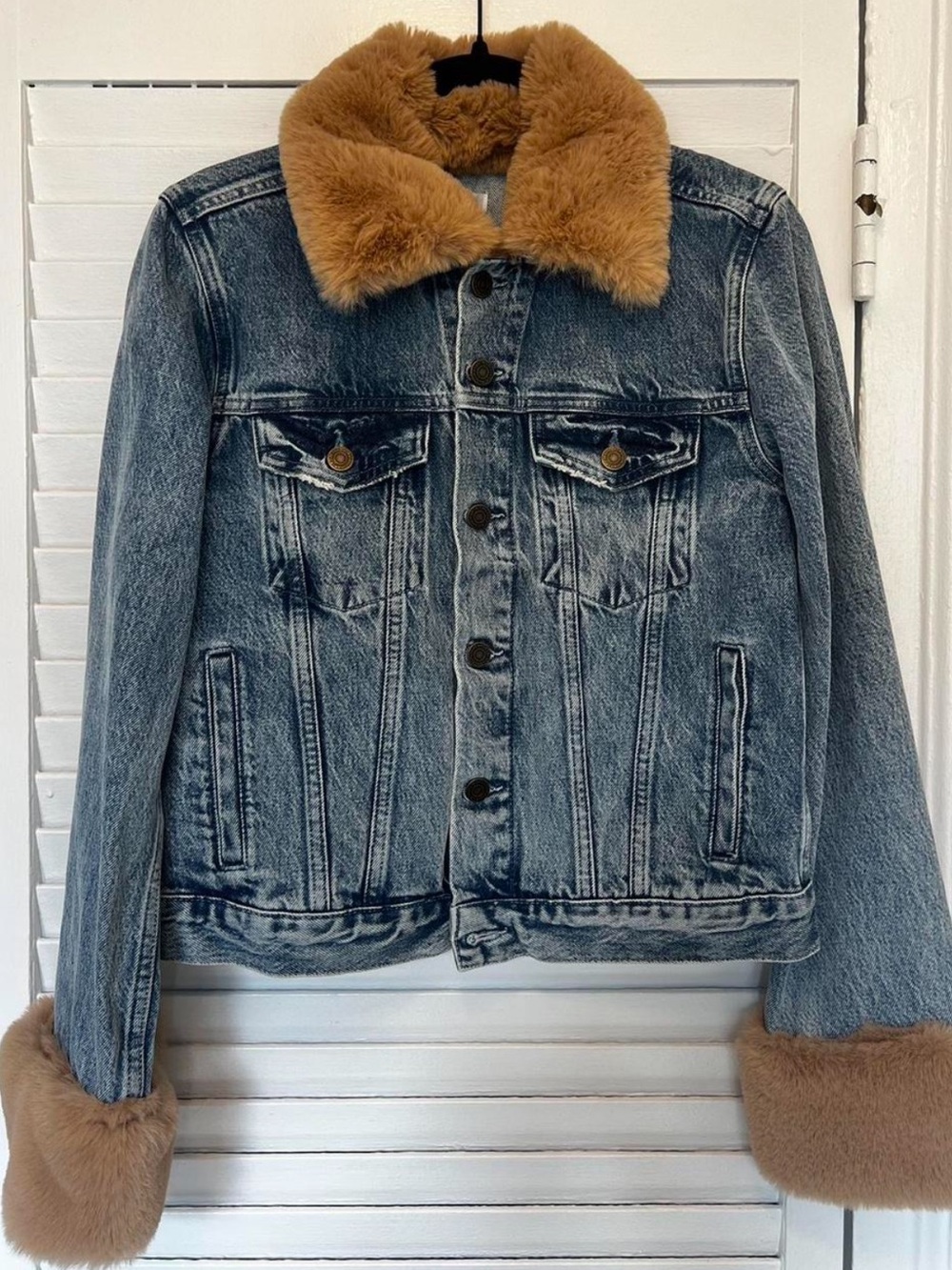Reformation Blue Denim Jacket with Tan Faux Fur Collar & Cuffs
